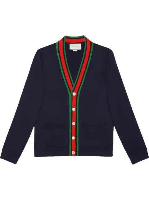 Click to view more detailed imagery on our partner's website Gucci Web-striped Ribbed-knit Wool Cardigan In Blue