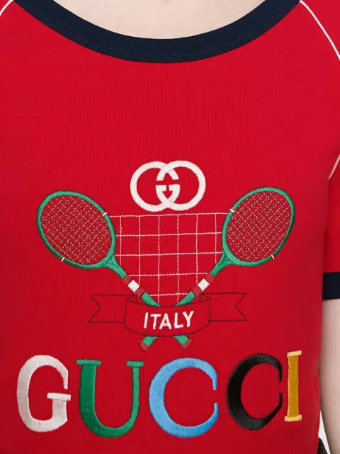 GUCCI GUCCI TENNIS RACKET LOGO PRINTED T-SHIRT - RED