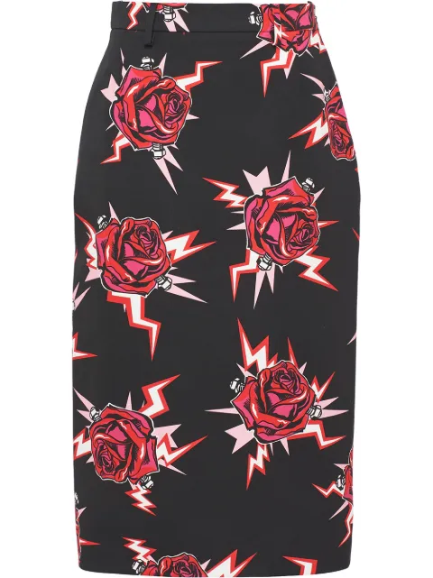 Click to view more detailed imagery on our partner's website Prada Electric Roses-Print Cotton Pencil Skirt In F0D17 Lacquer Red