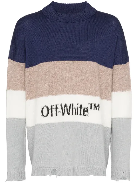 Click to view more detailed imagery on our partner's website Off-White Distressed Striped Wool Blend Sweater In 3010 Blue Black