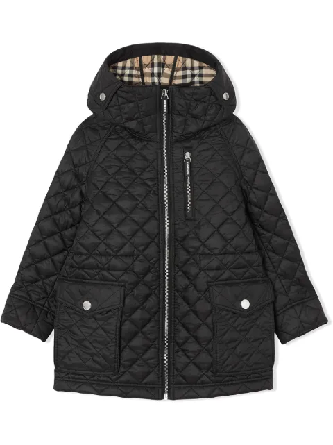 Click to view more detailed imagery on our partner's website Burberry Boys' Trey Quilted Hooded Jacket - Little Kid, Big Kid In Black