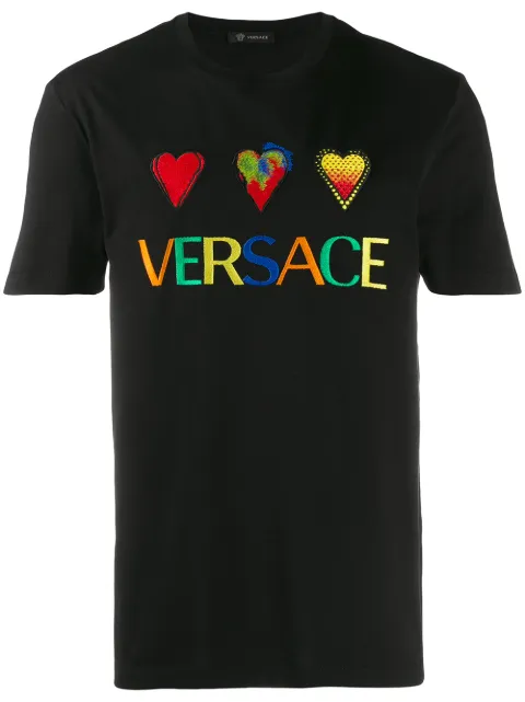 Click to view more detailed imagery on our partner's website Versace Embroidered-Logo And Heart Cotton T-Shirt In Black