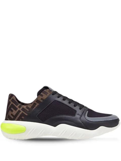 Click to view more detailed imagery on our partner's website Fendi Men's Ff Logo Stretch-Knit/Leather Chunky Sneakers In F16Of-Black+Bl+Maya Bl+Gre