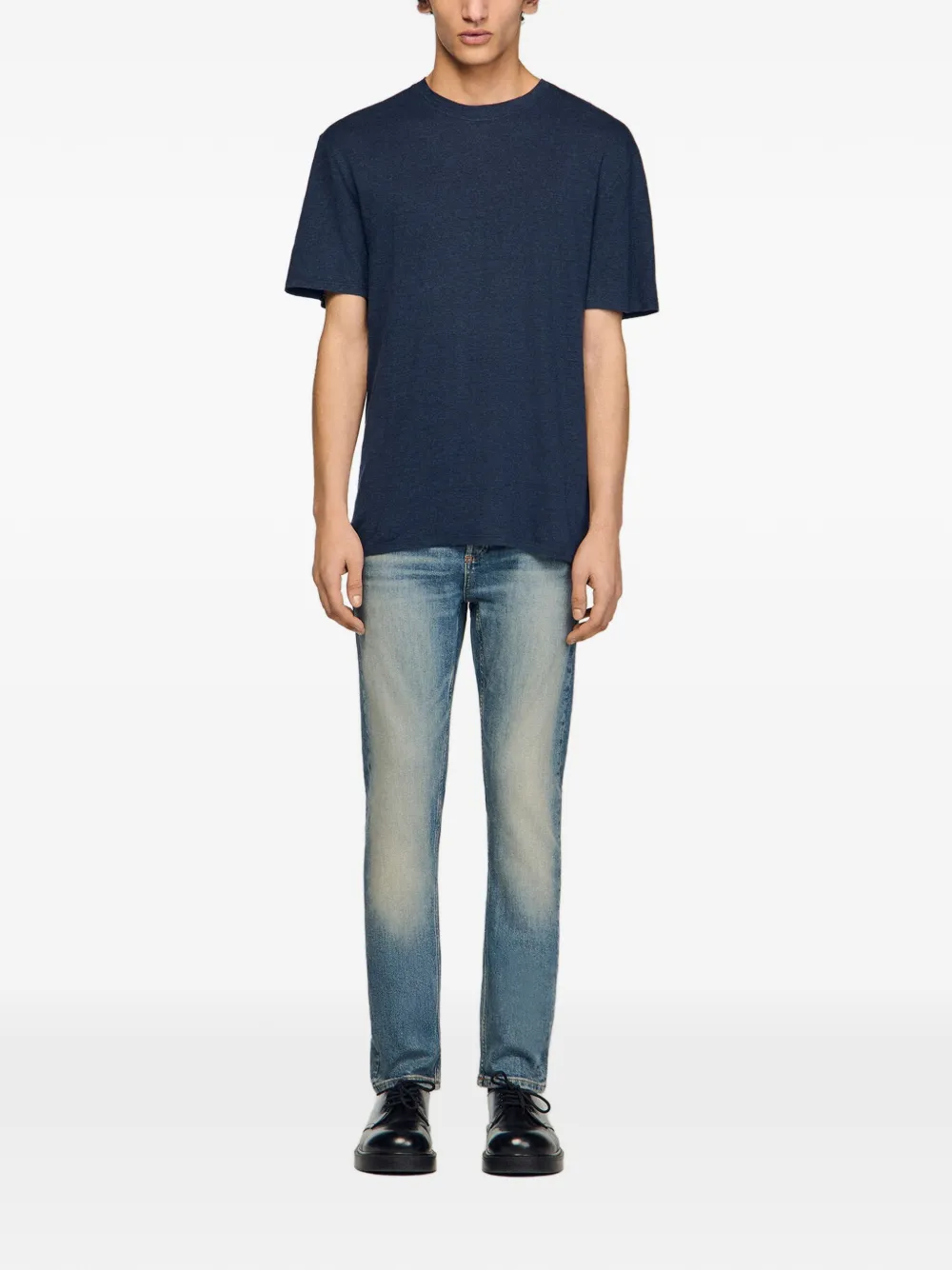  Sandro T Shirt Aus Leinen Mit Rundem Ausschnitt   Blau 