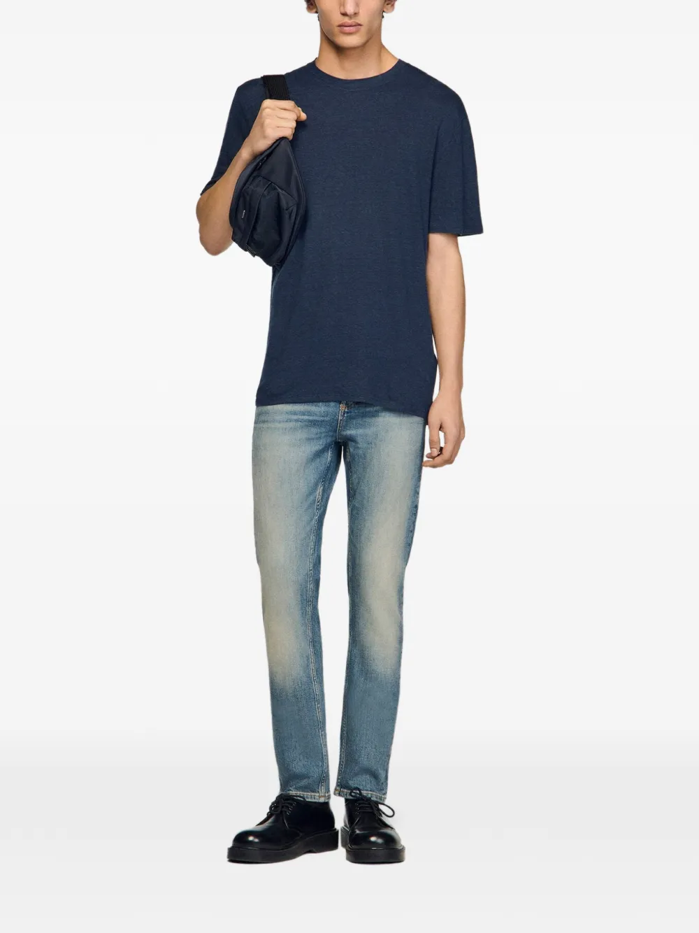  Sandro T Shirt Aus Leinen Mit Rundem Ausschnitt   Blau 