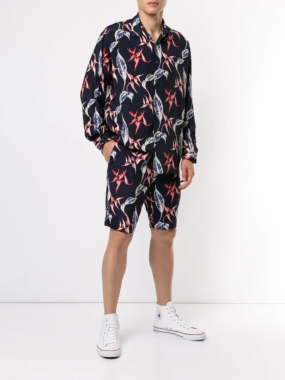  Ports V Hemd Mit Botanischem Print   Blau 