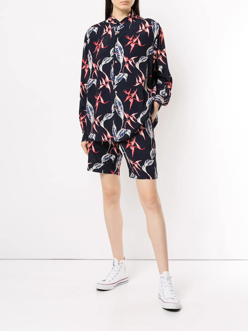  Ports V Hemd Mit Botanischem Print   Blau 