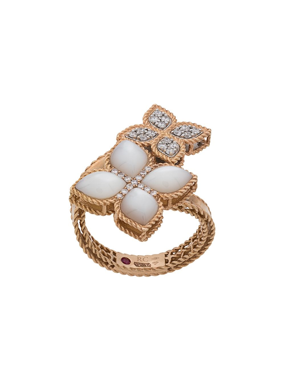 фото Roberto coin золотое кольцо princess flower с перламутром и бриллиантами