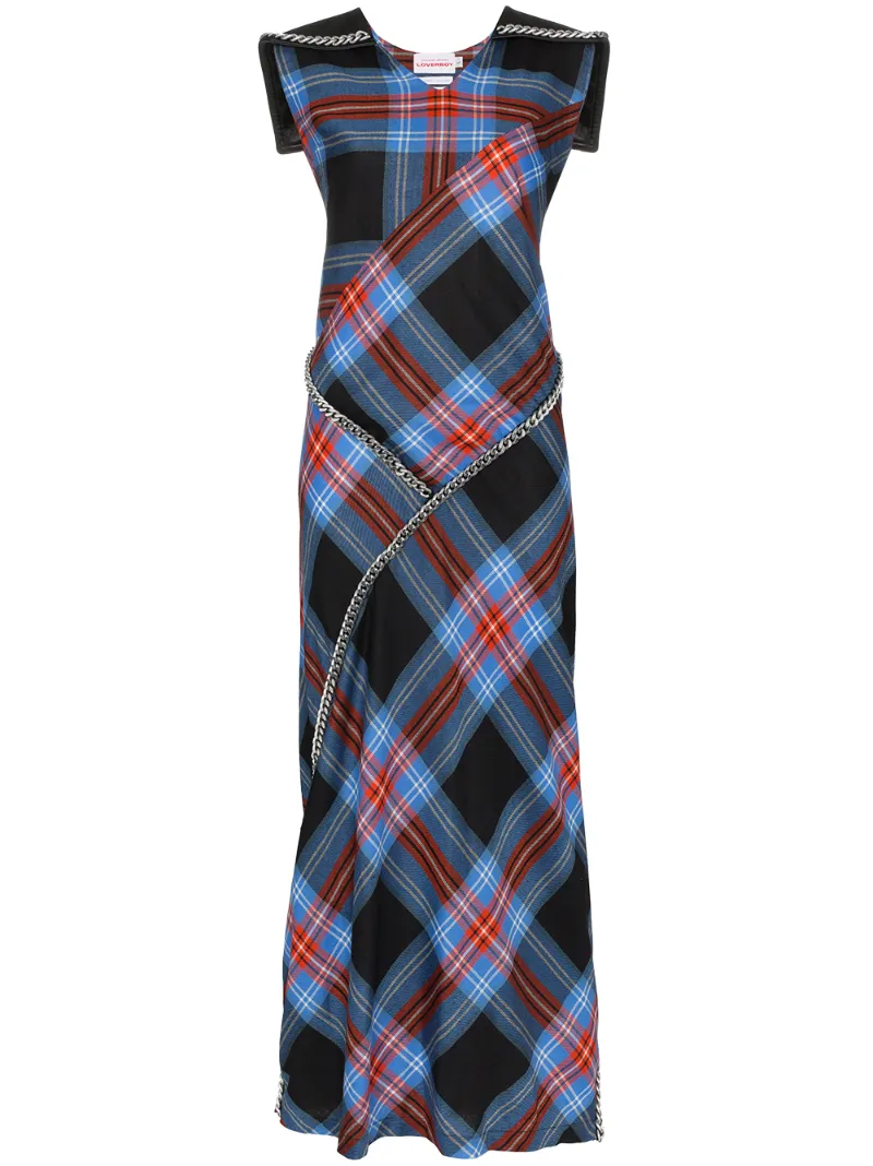 Charles Jeffrey Loverboy Dresses CHARLES JEFFREY LOVERBOY TARTAN CHAIN-DETAIL MAXI DRESS - BLUE