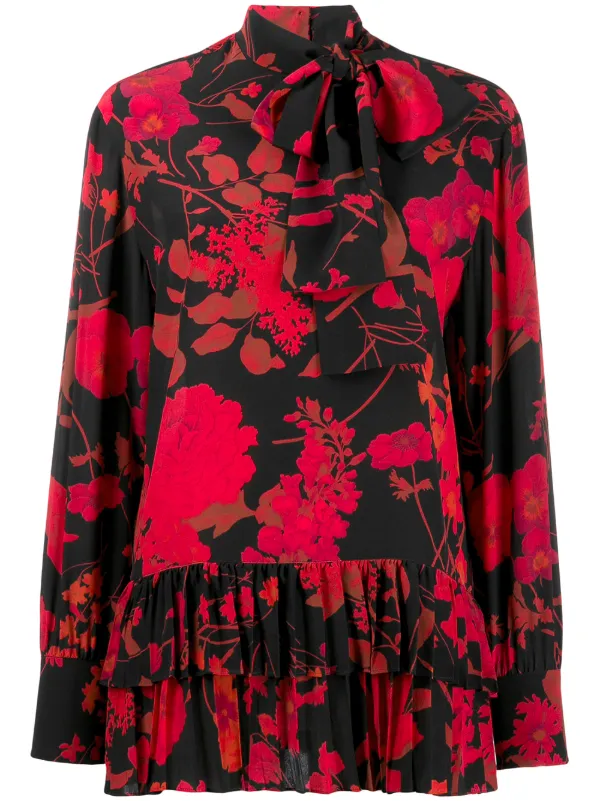 Valentino Garavani Floral Print Pleated Blouse in Black