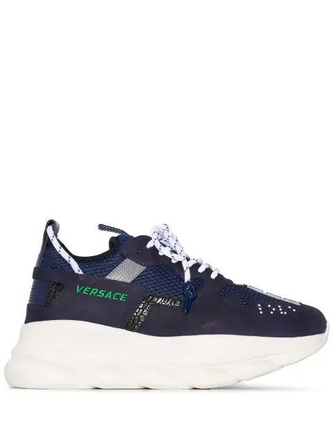 Click to view more detailed imagery on our partner's website Versace Chain Reaction Leather And Mesh Trainers In Blue