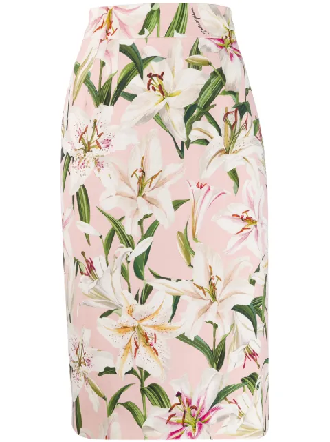 Click to view more detailed imagery on our partner's website Dolce & Gabbana Lily Print Cady Tubino Pencil Skirt In Pink