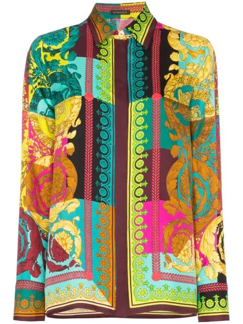 Click to view more detailed imagery on our partner's website Versace Colorblock Mixed Print Silk Shirt In Blue