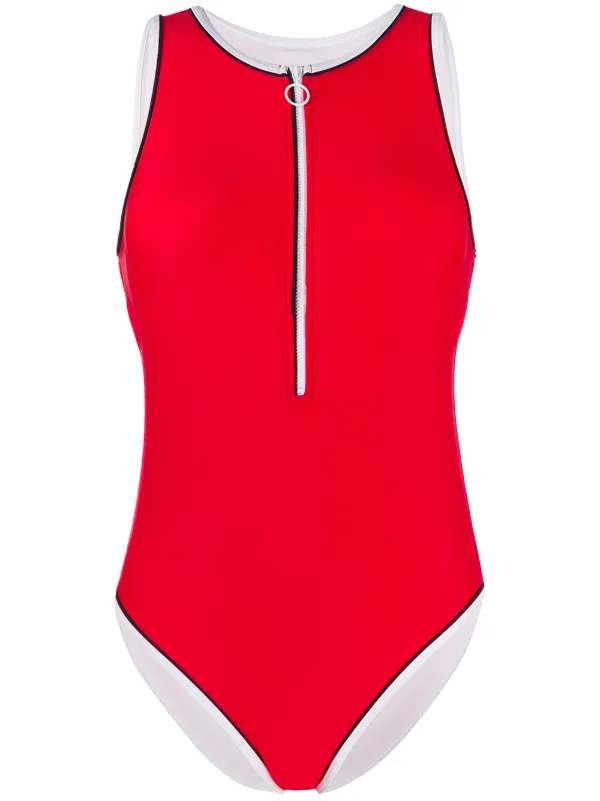 red one piece swimsuit with zipper