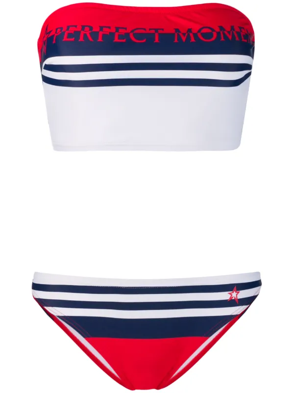 blue and white striped bandeau bikini