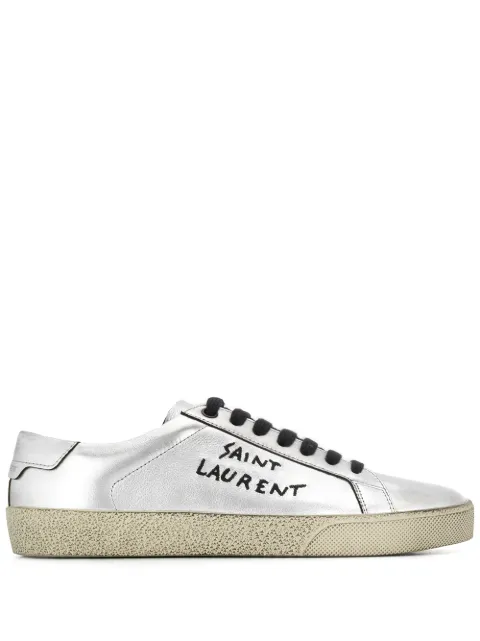 Click to view more detailed imagery on our partner's website Saint Laurent Court Classic Sl/06 Embroidered Sneakers In Used-Look Metallic Leather In 8163 Argent Noir
