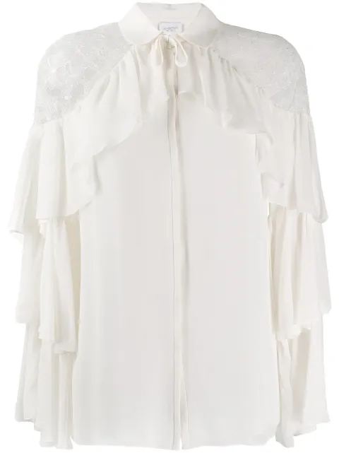 Click to view more detailed imagery on our partner's website Giambattista Valli Ruffled Lace-Insert Silk Blouse In 1100 Ivoire