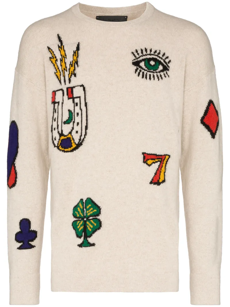 The Elder Statesman Knits THE ELDER STATESMAN INTARSIA KNIT PATCH CASHMERE JUMPER - NEUTRALS