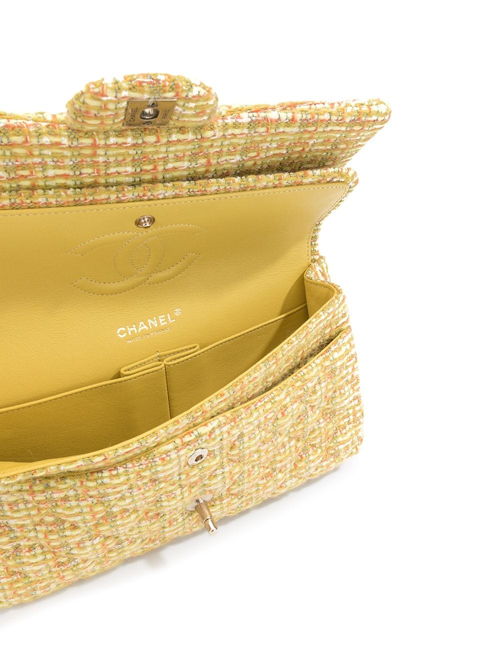 Pre-owned Chanel Double Flap Tweed Shoulder Bag In Yellow