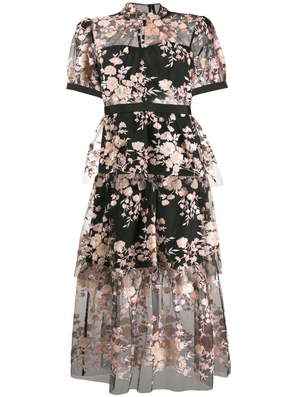 self portrait crew neck floral embellished midi dress