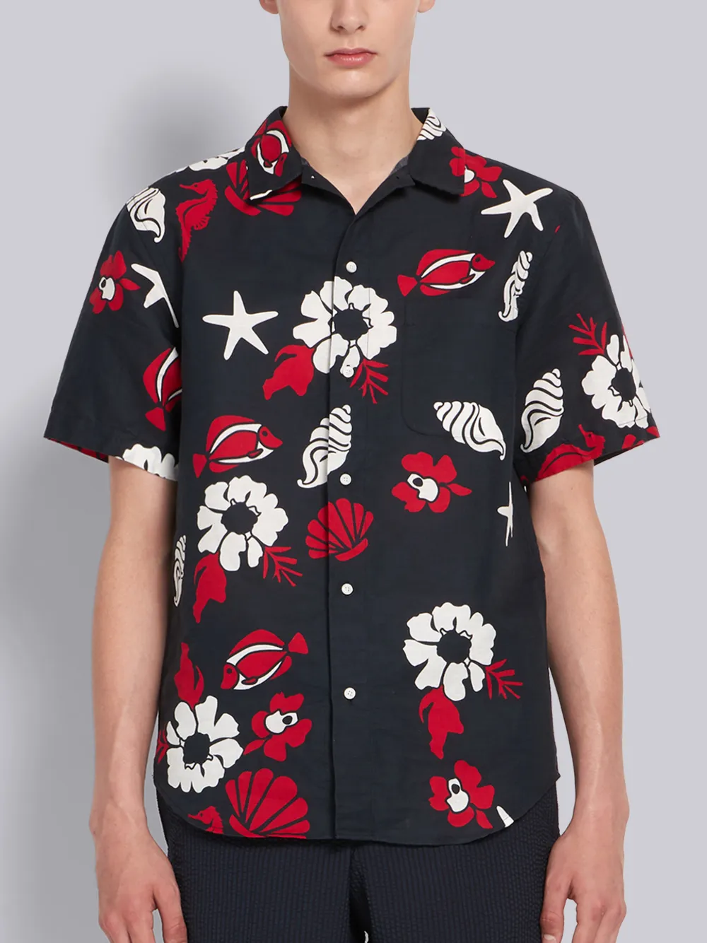 Thom Browne Men's Floral-print Straight-fit Short-sleeve Sport Shirt In Blue