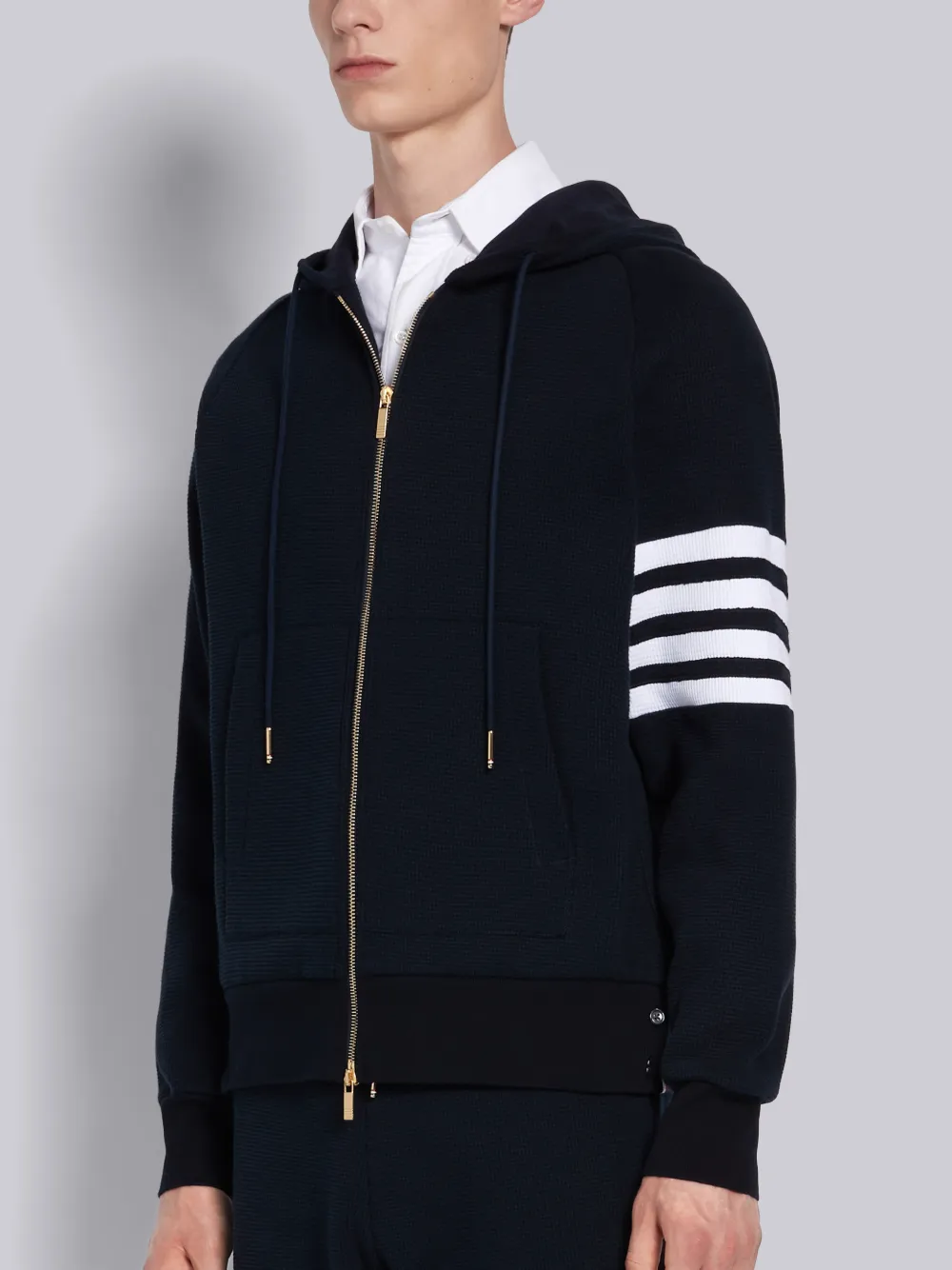 THOM BROWNE THOM BROWNE NAVY WAFFLE RAGLAN SLEEVE 4-BAR HOODIE,MJT204A0645214123602