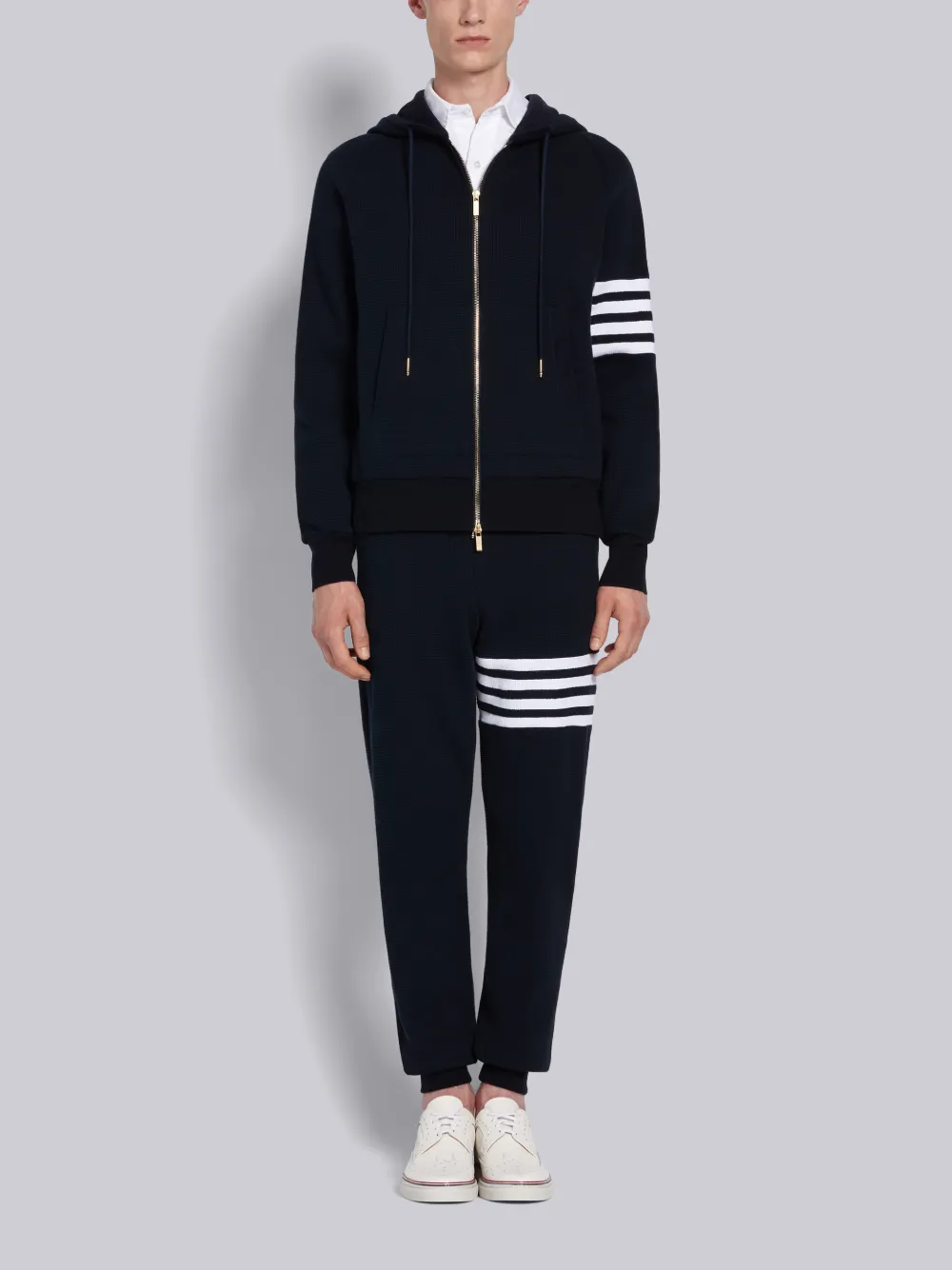 THOM BROWNE THOM BROWNE NAVY WAFFLE RAGLAN SLEEVE 4-BAR HOODIE,MJT204A0645214123602