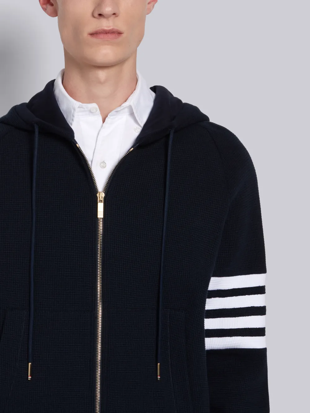 THOM BROWNE THOM BROWNE NAVY WAFFLE RAGLAN SLEEVE 4-BAR HOODIE,MJT204A0645214123602