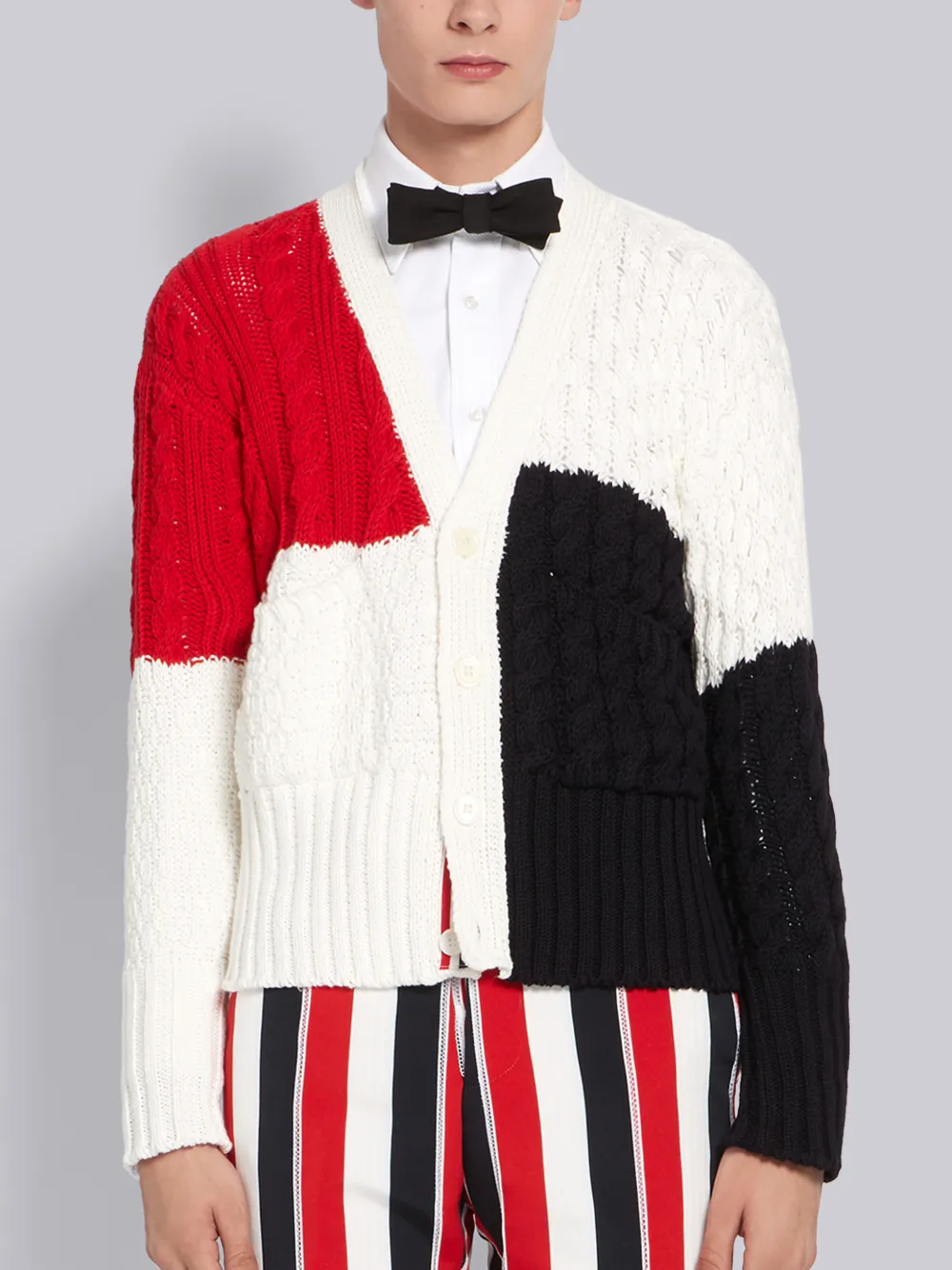 THOM BROWNE THOM BROWNE RWB INTARSIA COTTON CREPE ARAN CABLE V-NECK CARDIGAN,MKC259A0021914123676