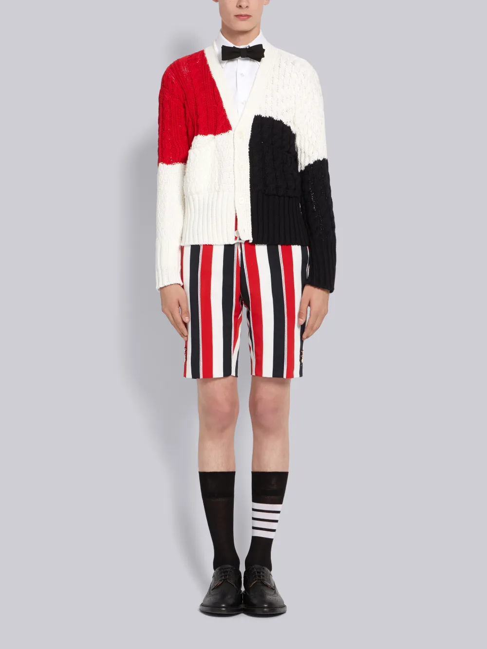 THOM BROWNE THOM BROWNE RWB INTARSIA COTTON CREPE ARAN CABLE V-NECK CARDIGAN,MKC259A0021914123676