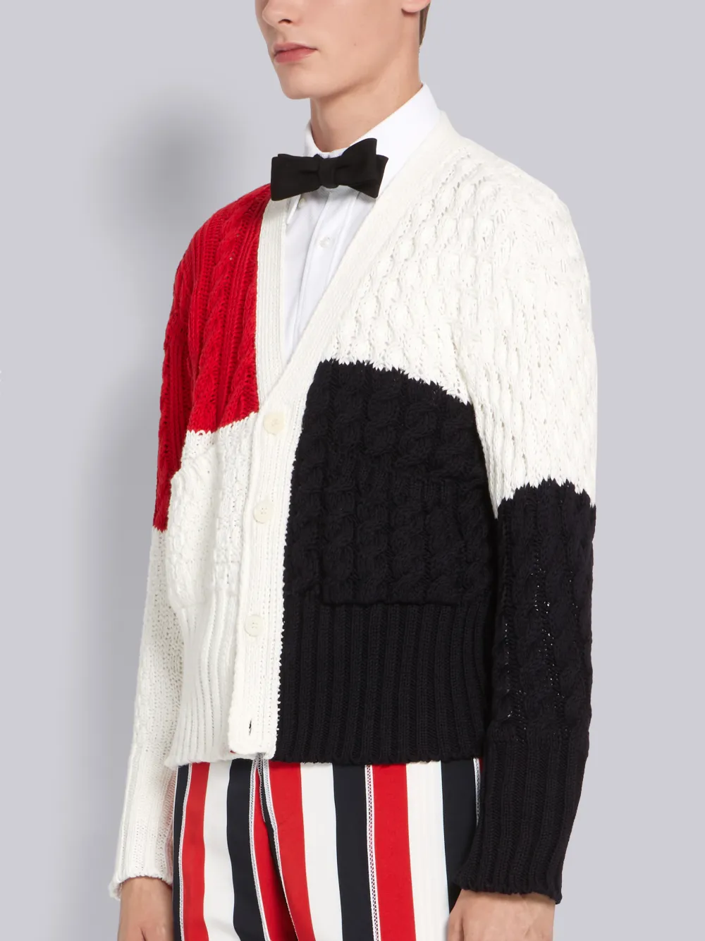 THOM BROWNE THOM BROWNE RWB INTARSIA COTTON CREPE ARAN CABLE V-NECK CARDIGAN,MKC259A0021914123676