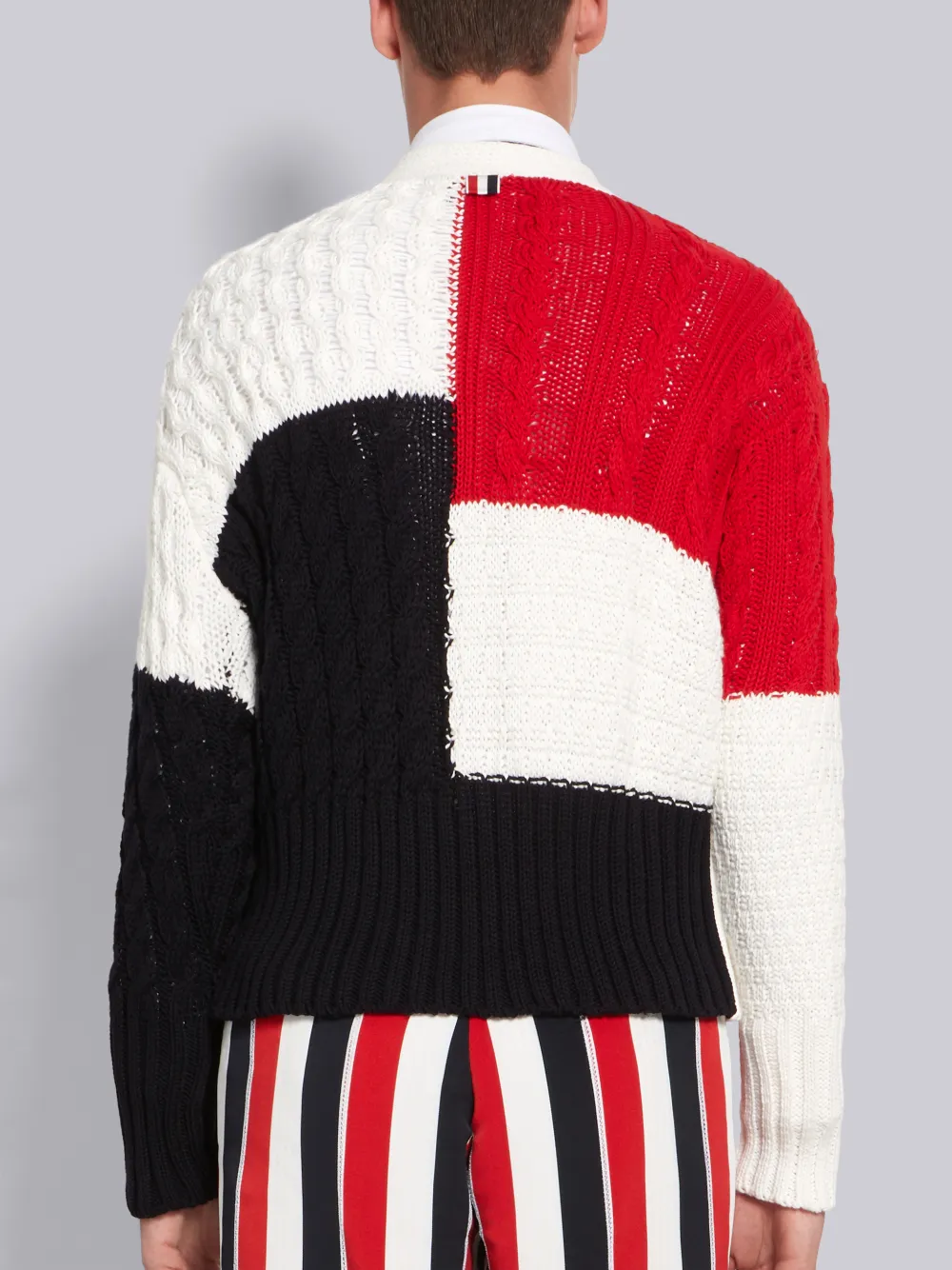 THOM BROWNE THOM BROWNE RWB INTARSIA COTTON CREPE ARAN CABLE V-NECK CARDIGAN,MKC259A0021914123676