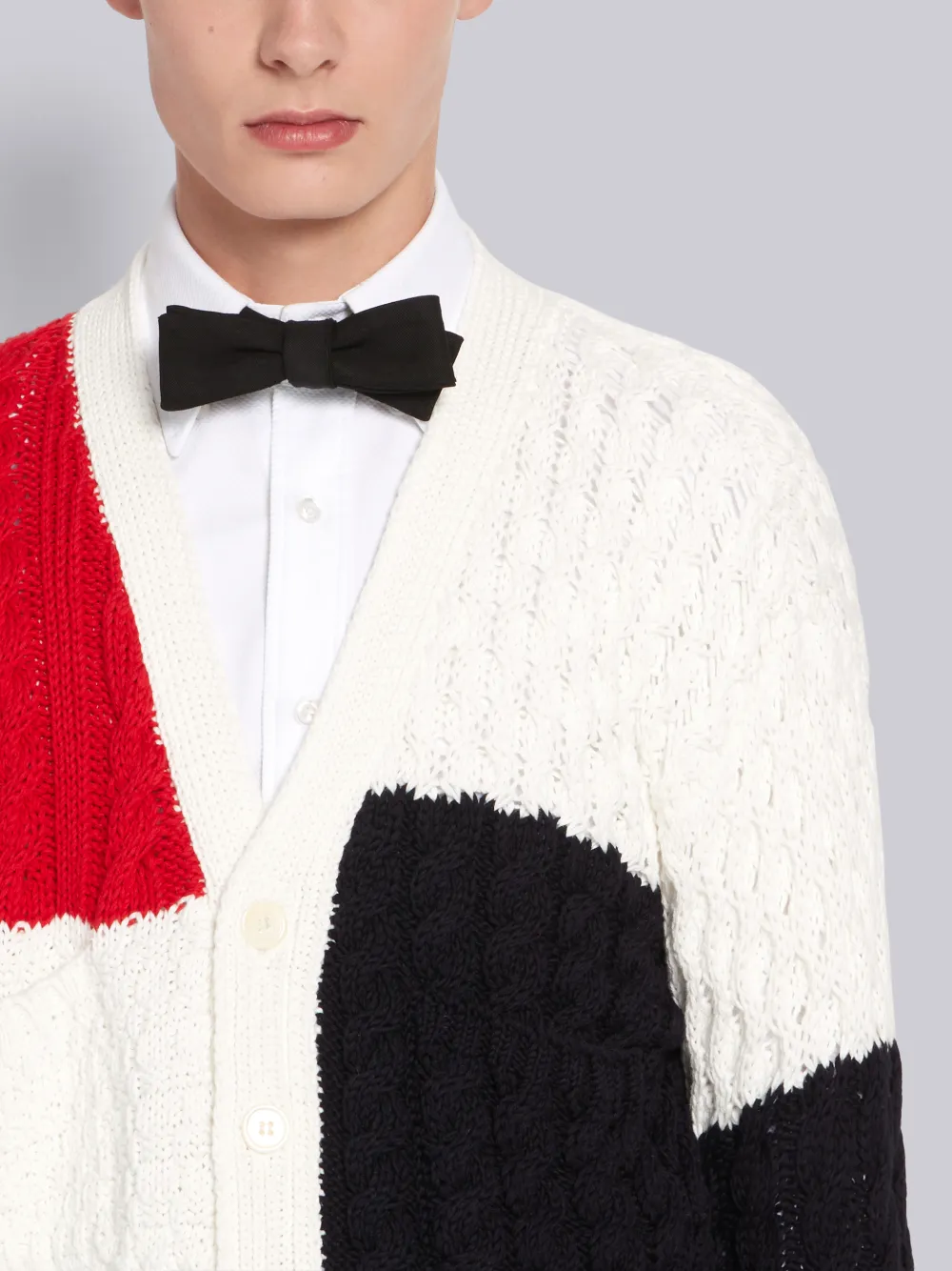 THOM BROWNE THOM BROWNE RWB INTARSIA COTTON CREPE ARAN CABLE V-NECK CARDIGAN,MKC259A0021914123676