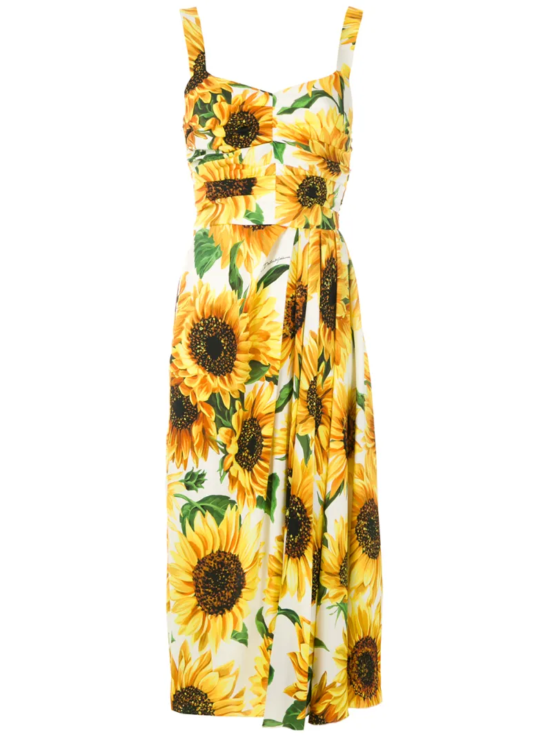 Click to view more detailed imagery on our partner's website Dolce & Gabbana Sunflower Print Midi Dress In Yellow
