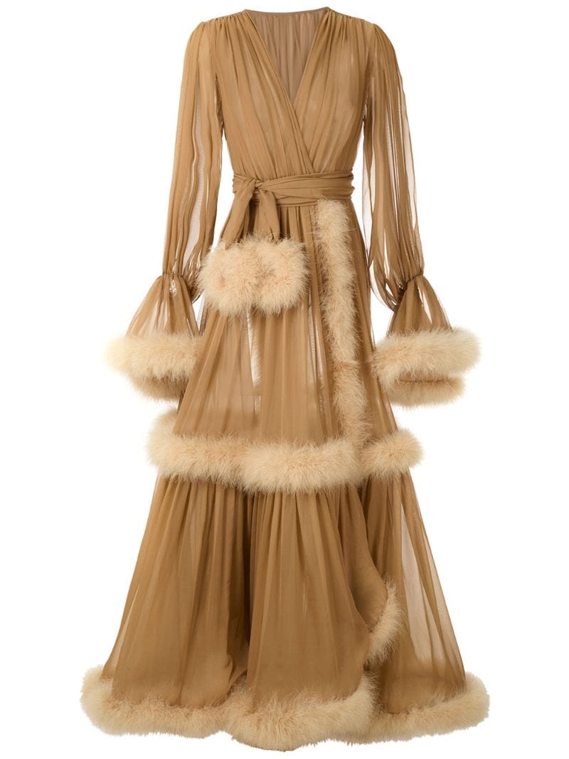 Dolce & Gabbana Feather Trimmed Wrap Long Dress In Neutrals