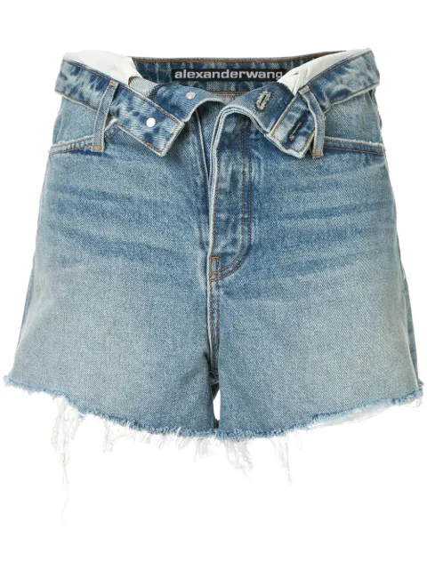 Click to view more detailed imagery on our partner's website Alexander Wang Bite Flip Frayed-Denim Shorts In Vintage Mid Indigo In 454 Vintage Mid Indigo