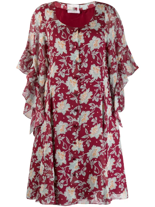 Chloé Floral Frill Sleeve Dress in Red