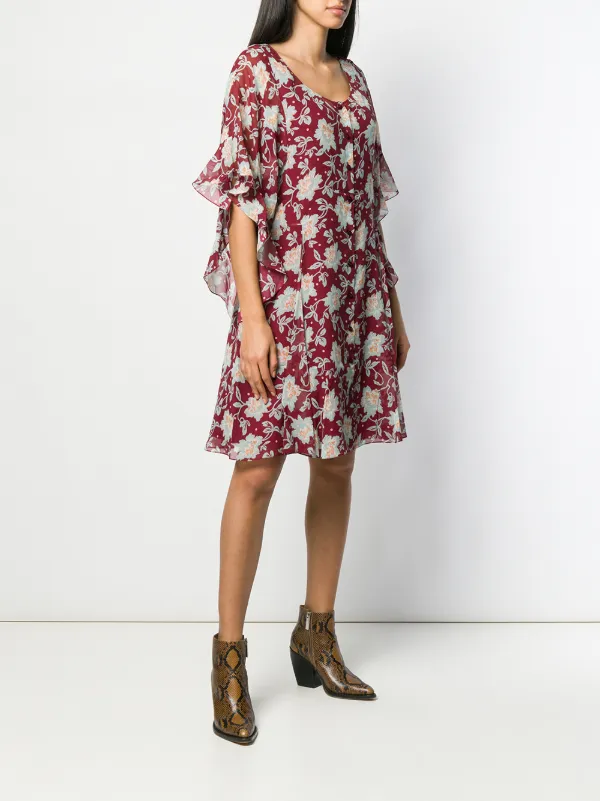Chloé Floral Frill Sleeve Dress in Red, view 3