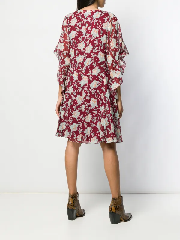 Chloé Floral Frill Sleeve Dress in Red, view 4