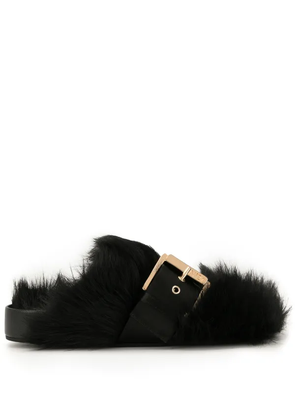 white faux fur slippers