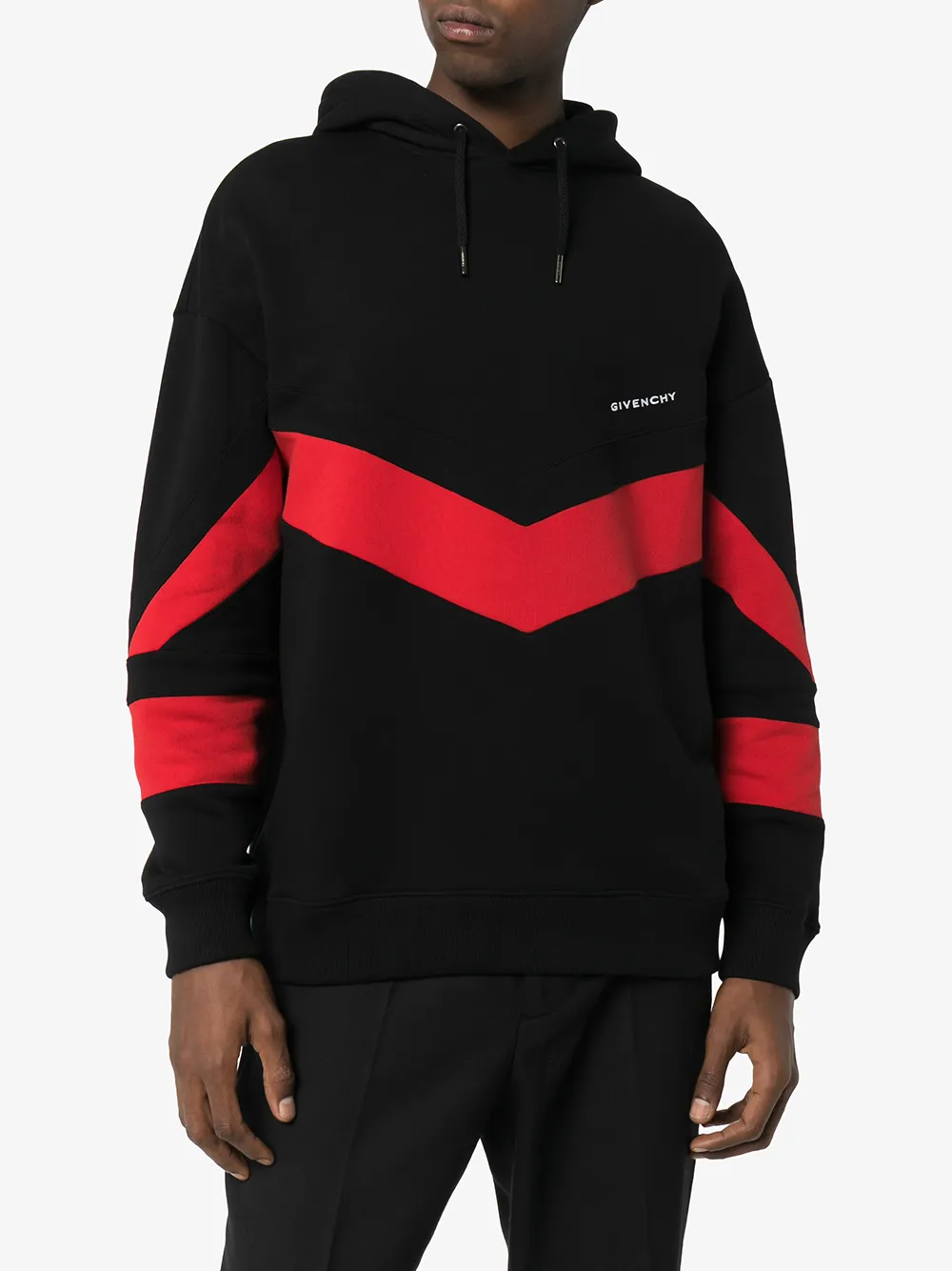 black hoodie with red stripes on sleeves