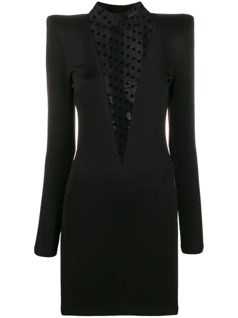 Click to view more detailed imagery on our partner's website Balmain Polka Dot-panel Stretch-knit Mini Dress In Black