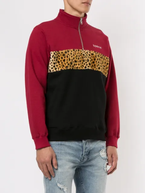 Supreme Leopard Panel Half Zip Sweatshirt Black Men's - FW18