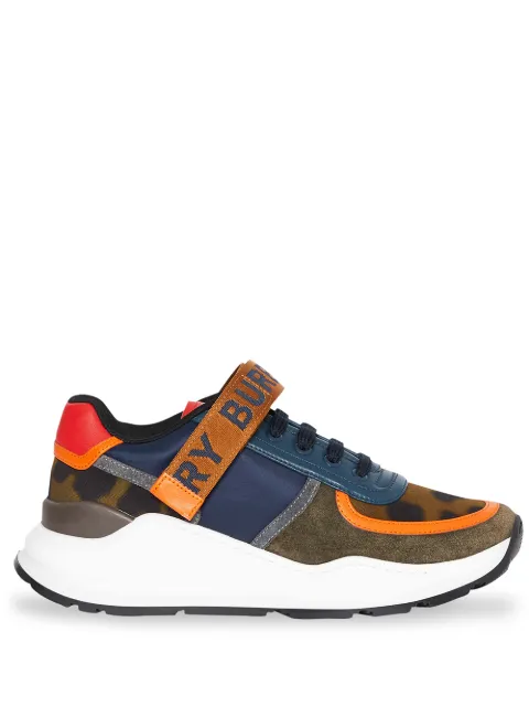 Click to view more detailed imagery on our partner's website Burberry Logo Detail Leopard Print And Leather Sneakers In 1009 Blue/ Khaki