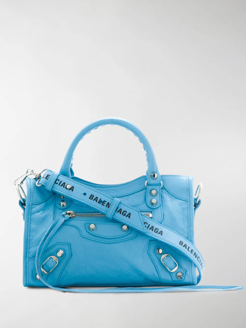 Click to view more detailed imagery on our partner's website Balenciaga Classic City Mini Textured-Leather Tote In 4860 Baby Blue/Black