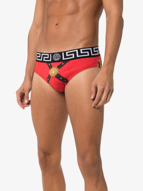 Shop Versace Greca Border Harness Print Briefs In Red