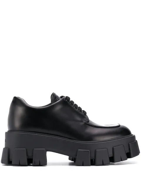 Click to view more detailed imagery on our partner's website Prada Leather Shoes With Tank Sole/Spazzolato Rois Fondo Tasselli In F0002 Black