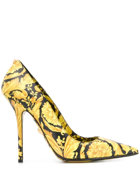 Click to view more detailed imagery on our partner's website Versace 110mm Barocco Printed Leather Pumps In Black ,yellow