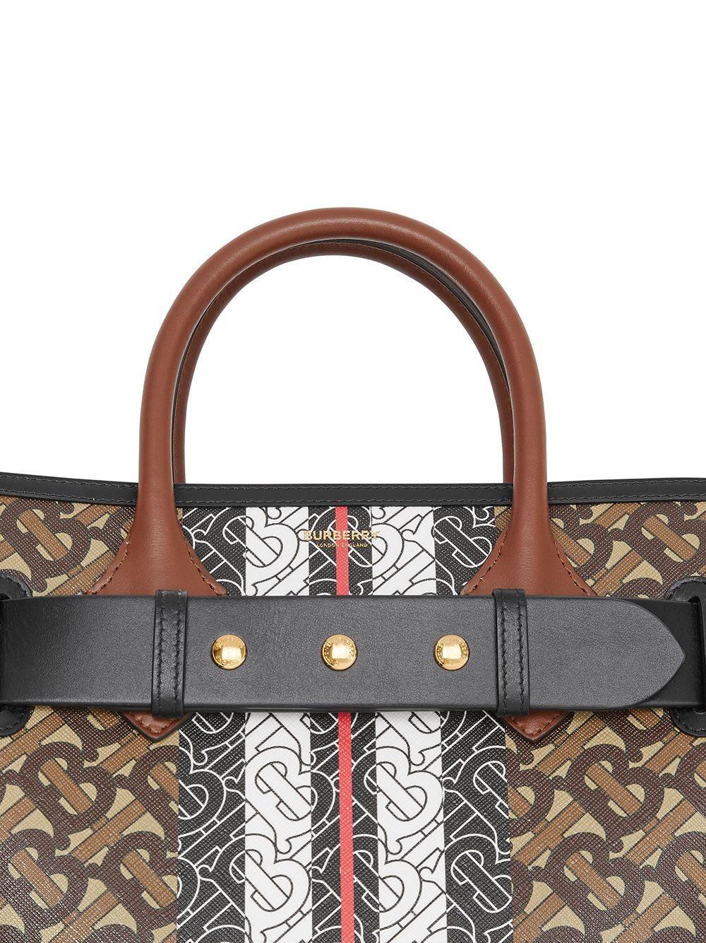 BURBERRY brown MONOGRAM STRIPE E-CANVAS SMALL BELTED TOTE Bag at