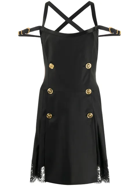 Click to view more detailed imagery on our partner's website Versace Button-embellished Satin And Lace-trimmed Wool-blend Twill Mini Dress In Black